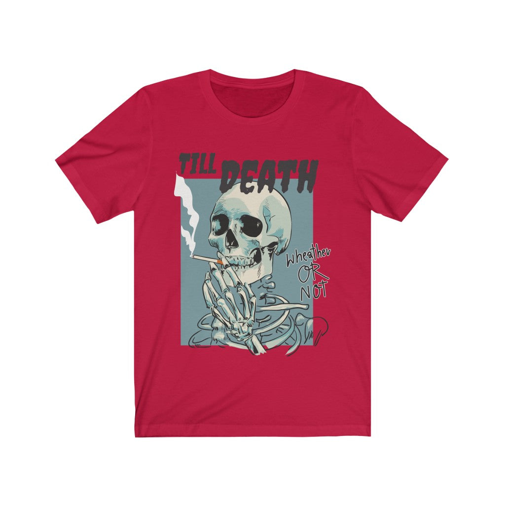 A stylish unisex t-shirt featuring a Smoking Skeleton graphic, made from soft cotton fabric.